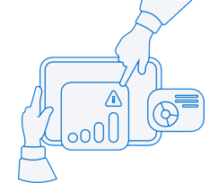 Das Pictogram zeigt zwei Hände die auf ein Tablet mit einer Datenanalyse/ Graphen von Acoustiscan zeigen.